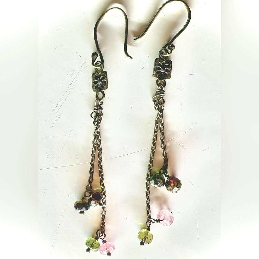 Handmade Watermelon Tourmaline Peridot Silver Flower Dangle Earrings - Picture 1 of 7